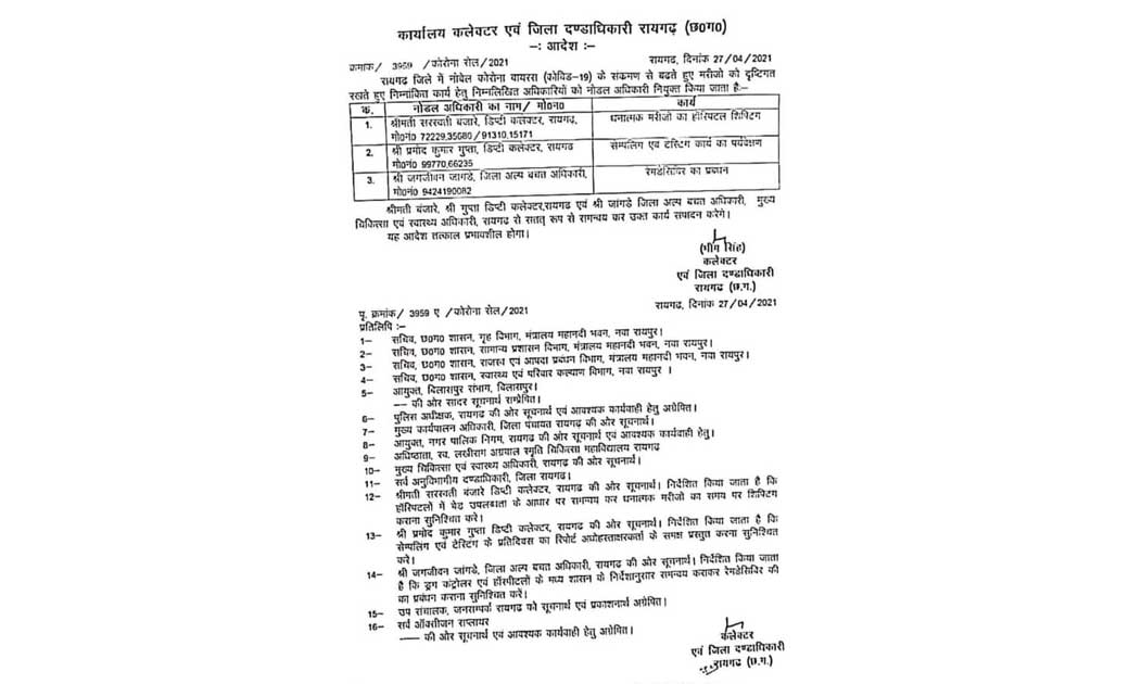 रायगढ़ में कोरोना के खिलाफ युद्धस्तर की तैयारी...हॉस्पिटल में भर्ती,रेमडेसिवीर इंजेक्शन के प्रबंध हेतु निम्न अधिकारियों को दी गयी जिम्मेदारी...