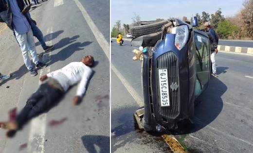 पिथौरा : बाइक को ठोकर मारते हुए पलटी कार, बाइक सवार की मौत