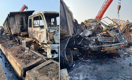 सांकरा : तीन ट्रकों में हादसे के बाद आग लगने से हुई थी ड्राईवर की मौत, FIR दर्ज