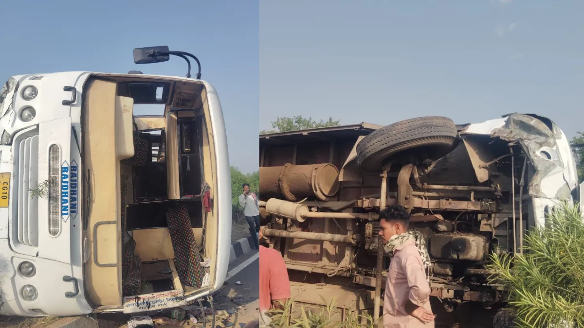 बसना : ट्रक ने बस को मारी टक्कर, घटना में बुरी तरह फंसा चालक, पलटी बस